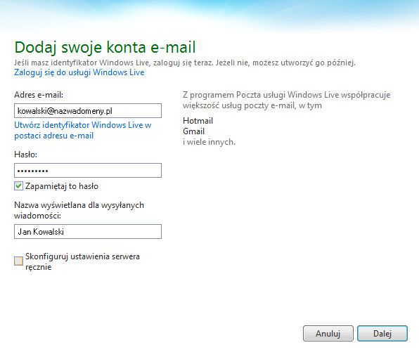 Windows Live Mail 2011 - konfiguracja konta pocztowego